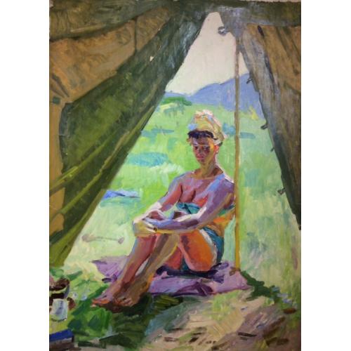 Титов А. М. Девушка загорает около палатки