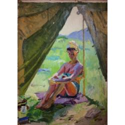 Титов А. М. Девушка загорает около палатки