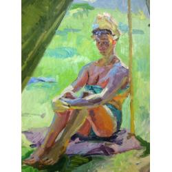 Титов А. М. Девушка загорает около палатки