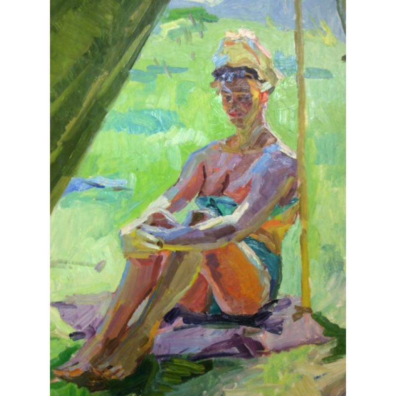 Титов А. М. Девушка загорает около палатки